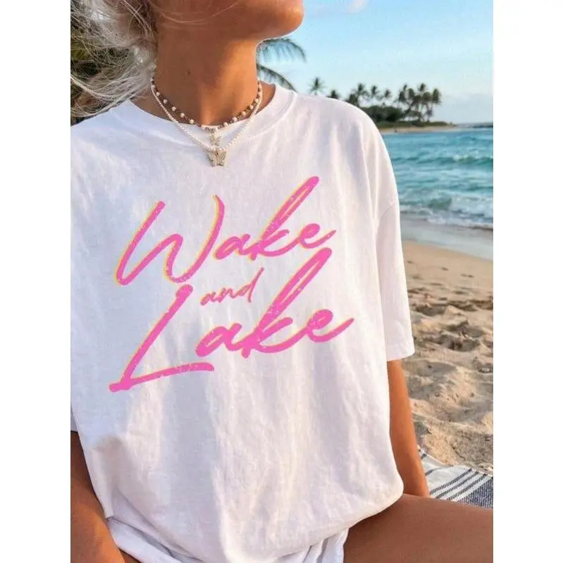 Retro Wake and Lake Shirt Trendy Lake Life Tshirt Oversized Lake Tee Cute Summer Shirts Lake Vacation Preppy Clothes Teens