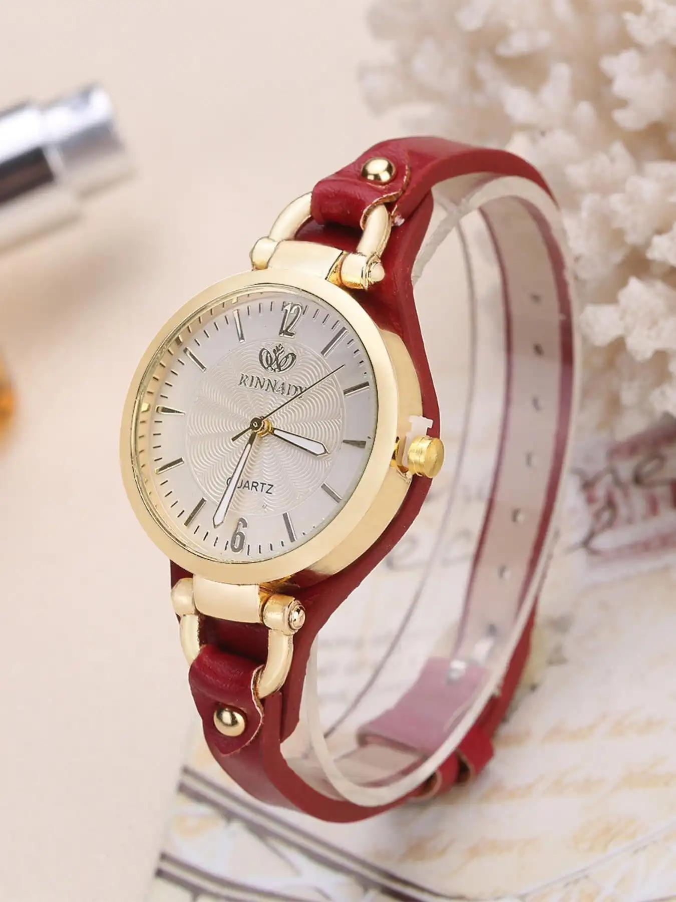 1-piece set of women's fashionable Pu leather strap quartz watch, casual simple round dial buckle watch