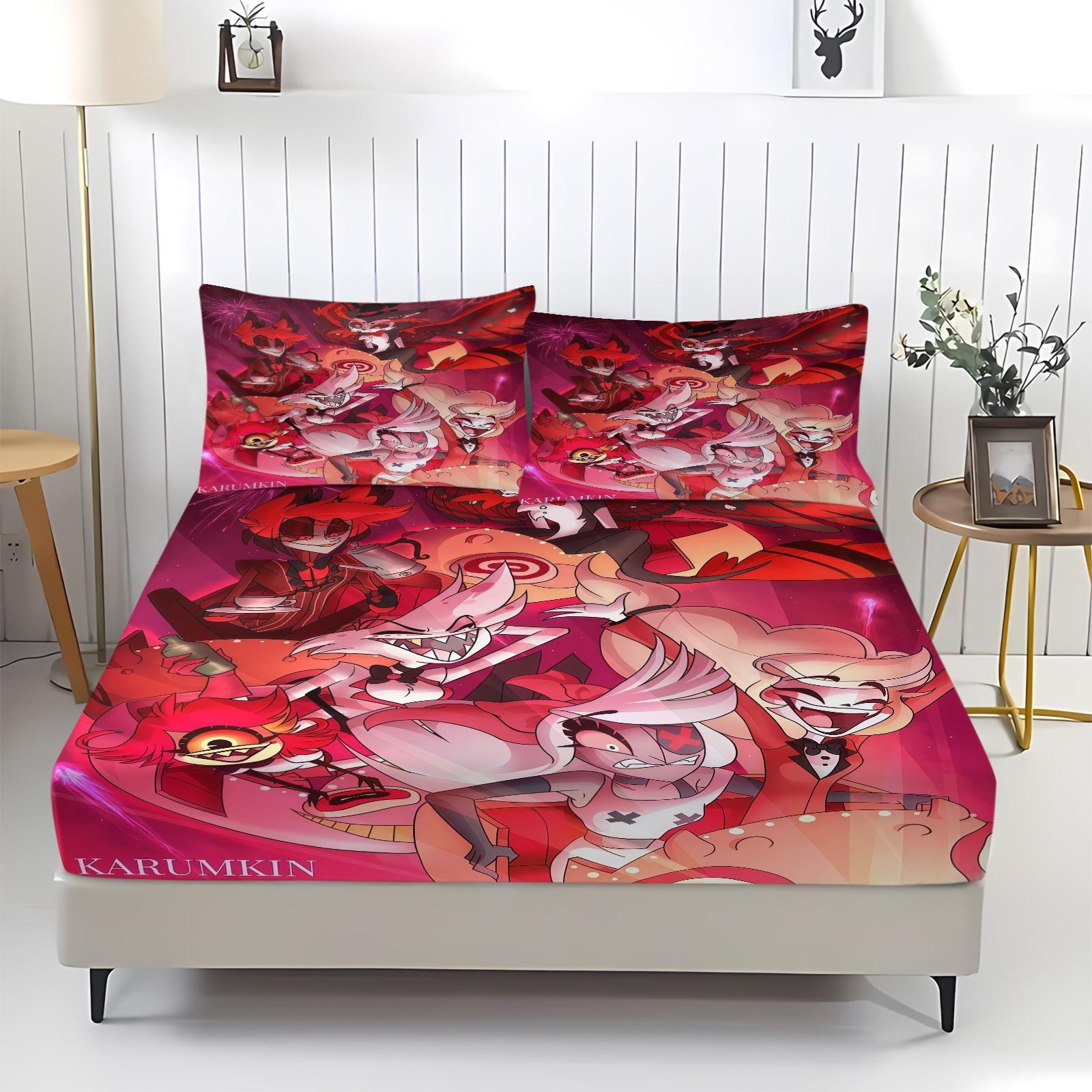 3 Piece Hazbin Hotel Pattern Fitted Sheet Set, Soft And Durable Bedding Set Bed Sheets Includes 1 Piece Flat Sheet And 2 Pieces Pillowcases, Daily Holiday Birthday Gift Bedroom Decorations For Kids And Adults, Bedsheet Sets