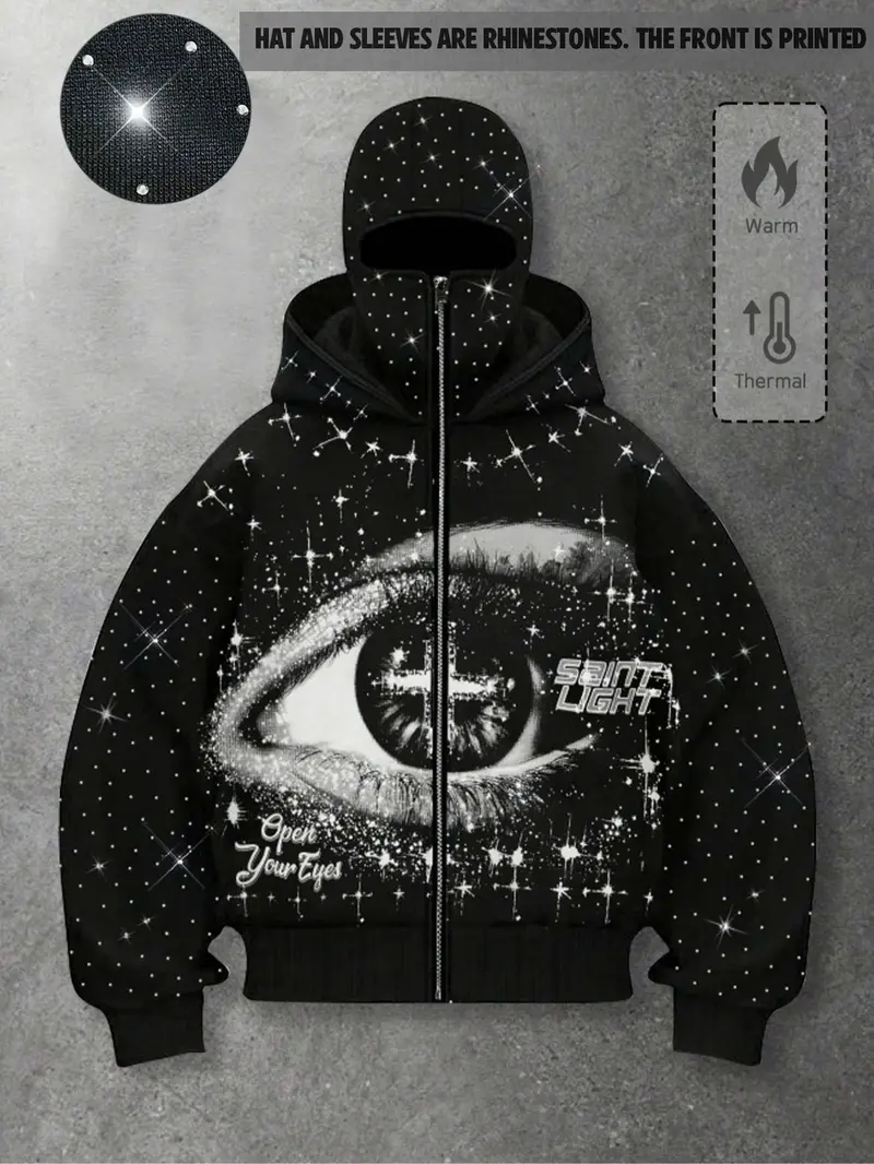 【Black Friday】Unisex Loose Rhinestone-Embellished Zipper Hoodie, Eye Print Warm Fleece-Lined Hooded Sweatshirt, Autumn and Winter Wear, Hip-Hop Street Style Graphic Top for Nightclubs and Music Festivals 【Black Friday】Unisex Loose Rhinestone-Embellished Zipper Hoodie, Eye Print Warm Fleece-Lined Hooded Sweatshirt, Autumn and Winter Wear, Hip-Hop Street Style Graphic Top for Nightclubs and Music Festivals