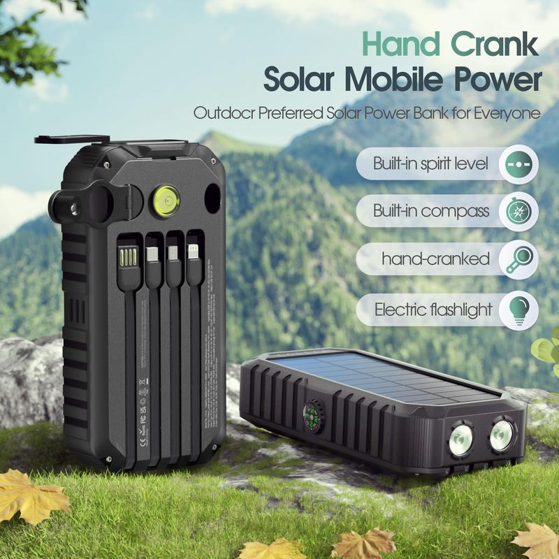 citicr 40000mAh solar hand-held power bank, with 4 built-in cables for output and input, super bright flashlight, level gauge, compass, 6 output PD20W fast charging, hand-cranked point charger, suitable for outdoor camping, fishing, mountain climbing, etc