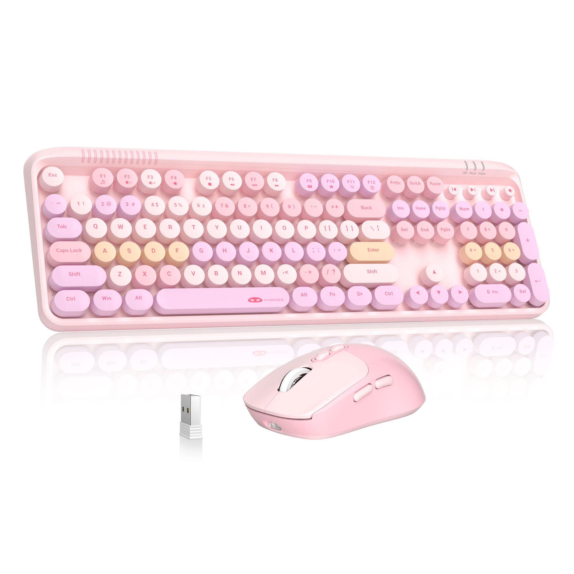 Wireless Keyboard and Mouse Combo Round keycaps Retro Typewriter Keyboard 104 Key Full-Sized Keyboard Automatic Power Saving 2.4GHz Wireless Connection for Mac/Windows/PC