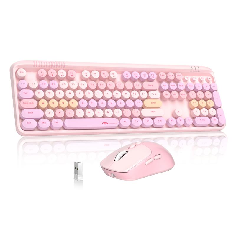 Wireless Keyboard and Mouse Combo Round keycaps Retro Typewriter Keyboard 104 Key Full-Sized Keyboard Automatic Power Saving 2.4GHz Wireless Connection for Mac/Windows/PC