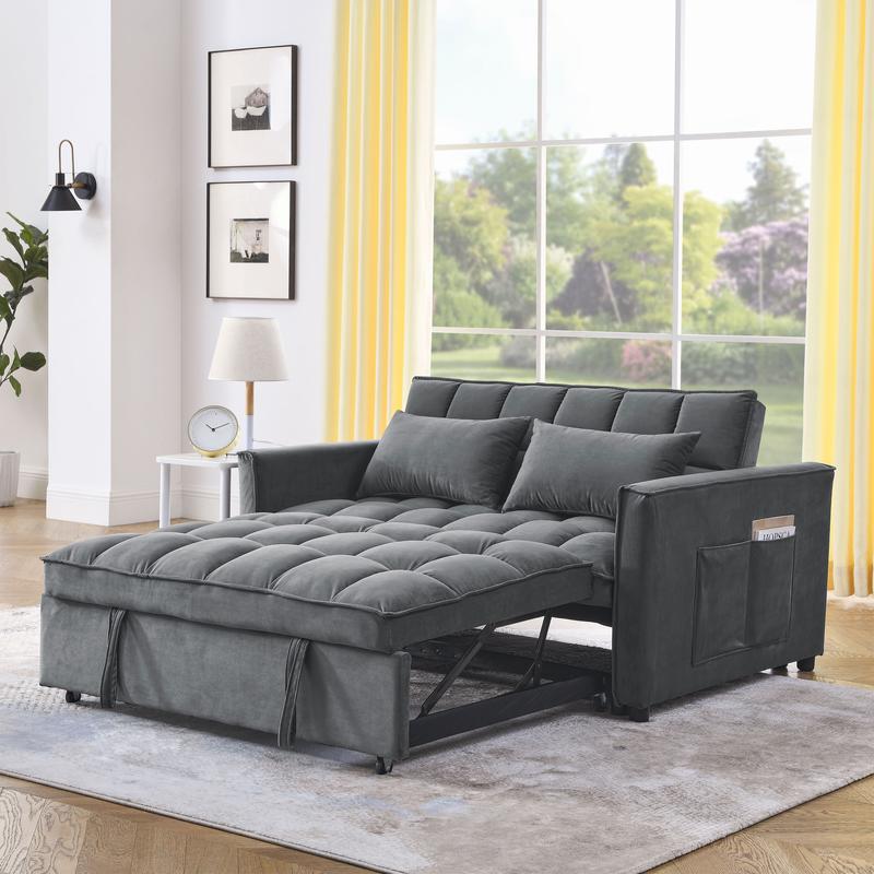 3 in 1 Convertible Sleeper Sofa Bed, Loveseat Futon Couches for Living Room with Side Pocket | Adjustable Backrest| Velvet Fabric | Pull Out Couch | Sectional Sofa Bed, Gray