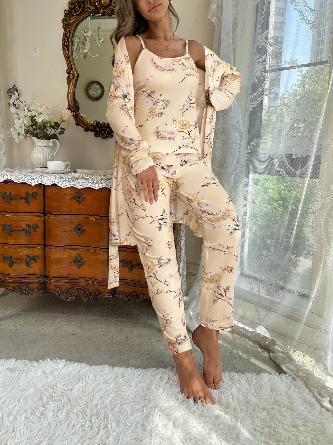 Women's Floral Print Strap Pants Set, Casual Fitted Sleepwear with Belted Long Sleeve Robe, All Season Comfortable Loungewear