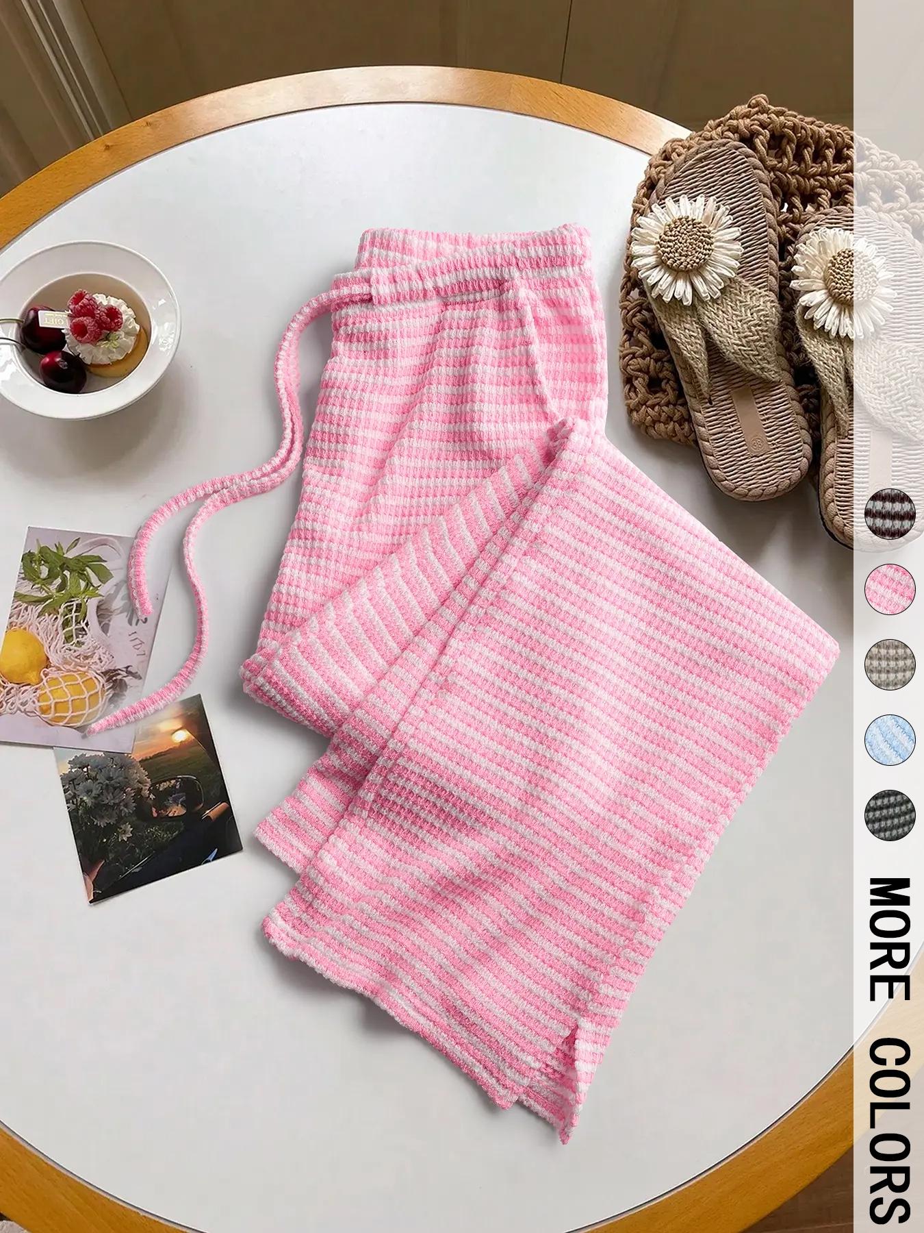 Women's Summer Knitted Striped Drawstring Pocket Casual Loose Wide Leg Pants, Perfect for Daily Wear and Vacations