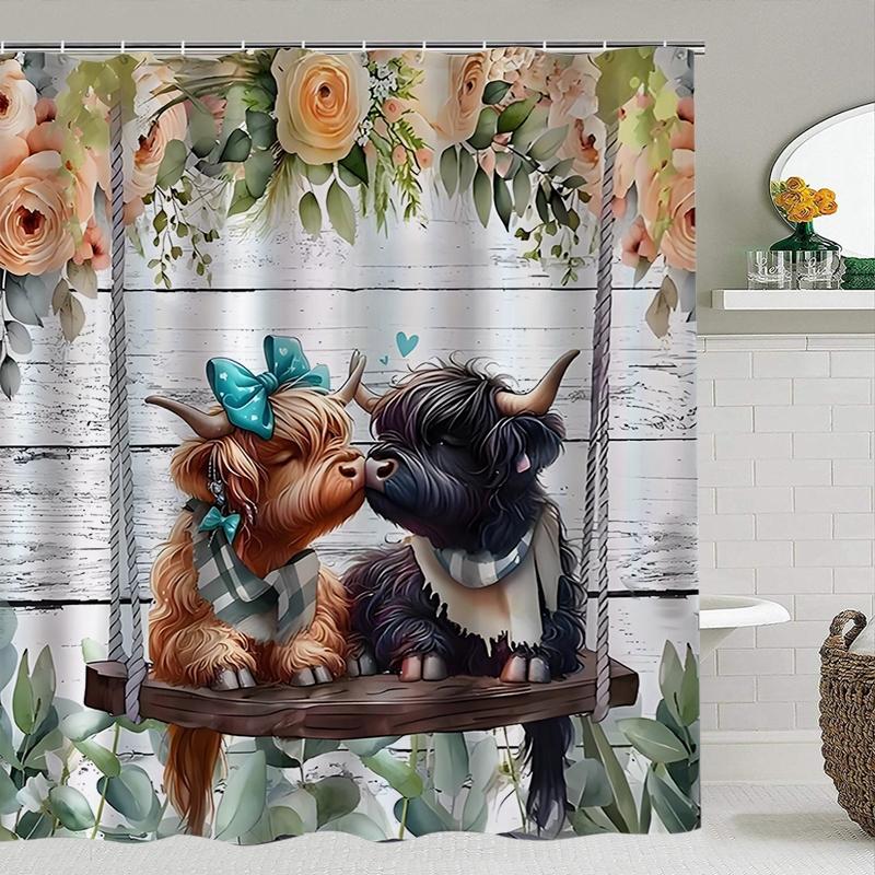 Bathroom Decor Set with Cow & Flower Pattern, Includes Hooks Curtain Toilet Lid Cover Bath Mat Rug, Rustic Style Bathroom Accessories, Shower Curtain Set