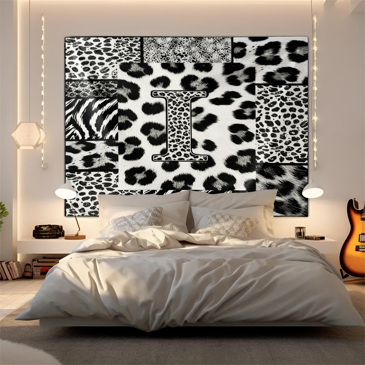Personalized Initial Wall Tapestry, Retro Leopard Print Patchwork, Easy Care Good Shading, Suitable for Living Room Rental Wall Decor