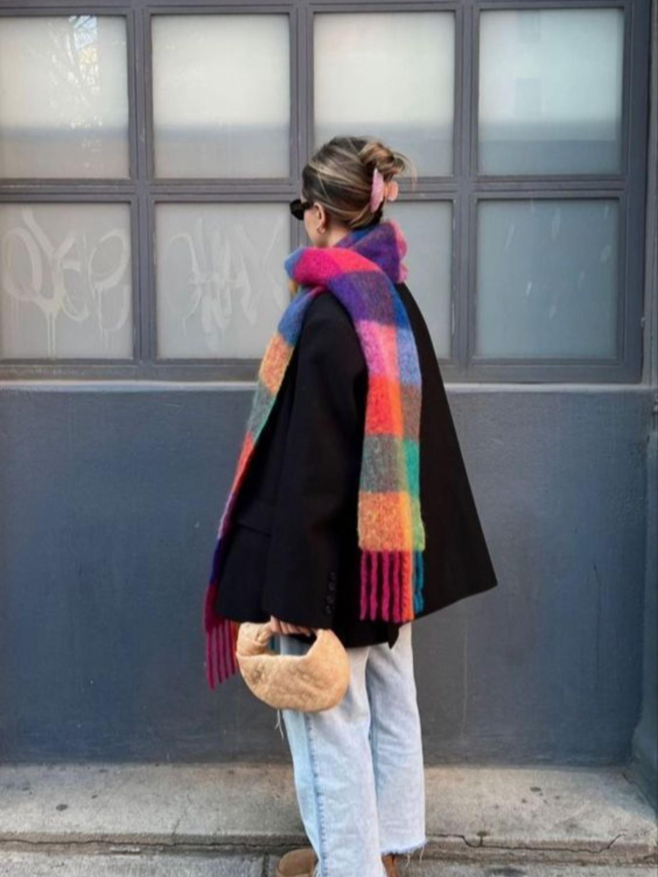 Bohemian colored Rainbow Stripes mesh winter tassel coarse scarf, thick, soft and warm shawl, autumn and winter cold and hot protection windproof wrapping hijab, scarf and neck, suitable for women, Casual Soft Shawl