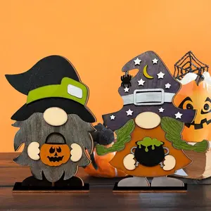 2 Pack Halloween Wooden Gnome Tabletop Decor, Witch Cauldron & Pumpkin Jack-o'-lantern Freestanding Tiered Tray Signs, Spooky Fall Farmhouse Mantel Coffee Table Ornament, Halloween Indoor Home Party Decor Gift