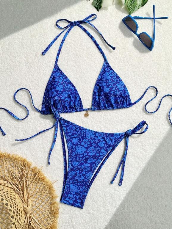Women's Blue Textured Triangle Bikini Set, Halter Neck Tie Design, Sleeveless Thong Bottoms, Perfect for Beach Vacation & Pool, Floral Bikini Bottom