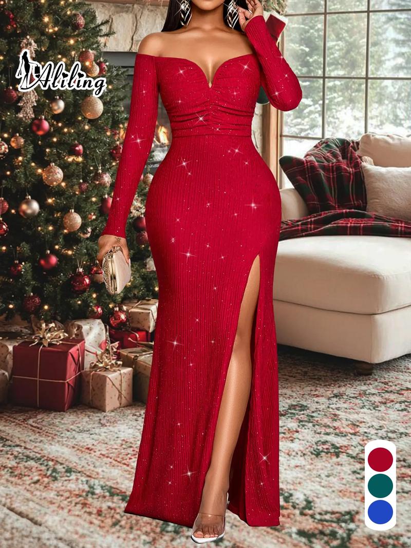 Aliling Christmas Dresses Women's Elegant Long Sleeve Ruffle Dress, Shoulder-Exposed Plain Design, Slim Fit Fall & Winter Fashion, Super Long A-Line Style