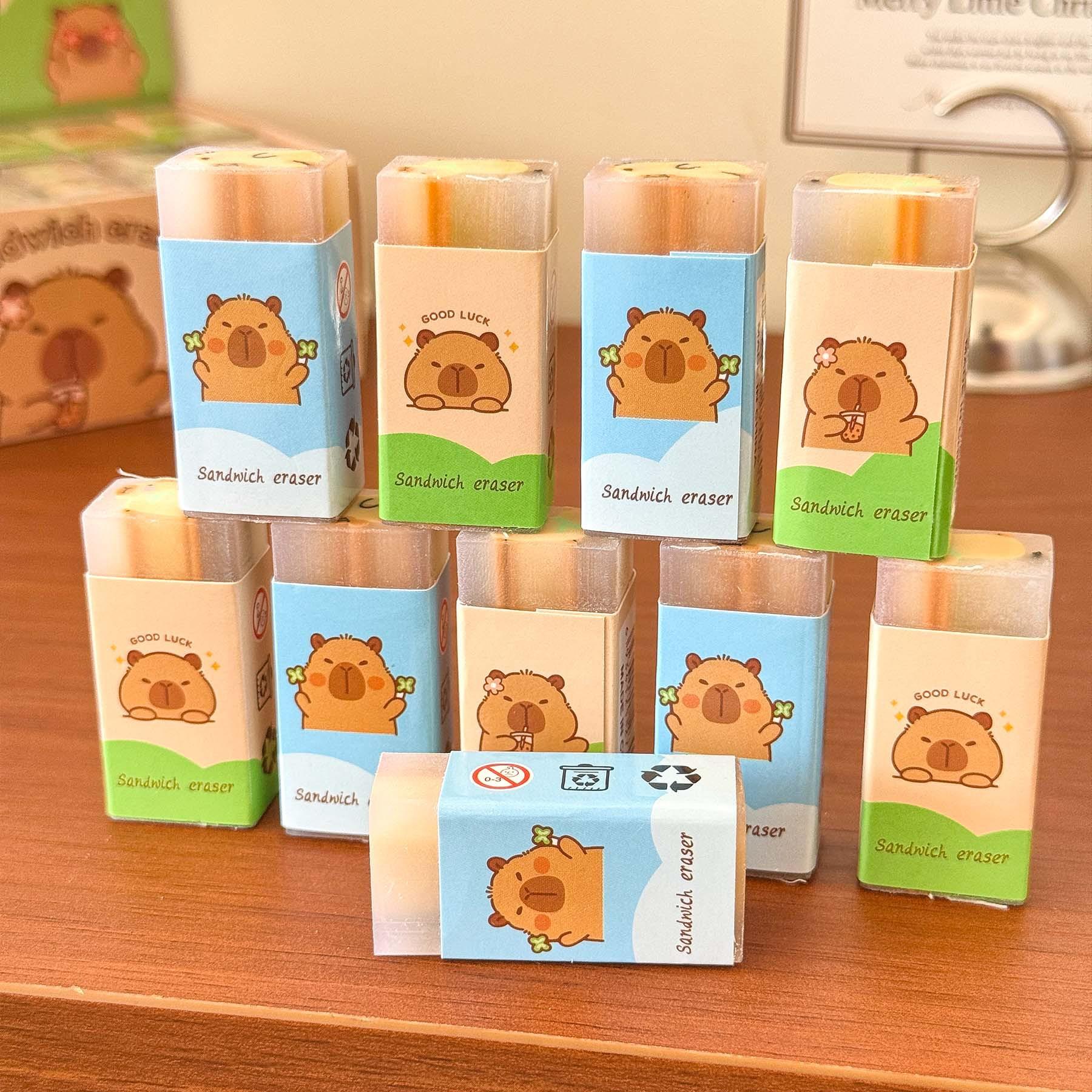 Random 12/36 pcs Cute Capybara Erasers - No-Crumb, Perfect for Office & School Supplies, Assorted Colors (Blue, Green, Yellow), School Supplies Essentials | Playful Design | Durable Erasers