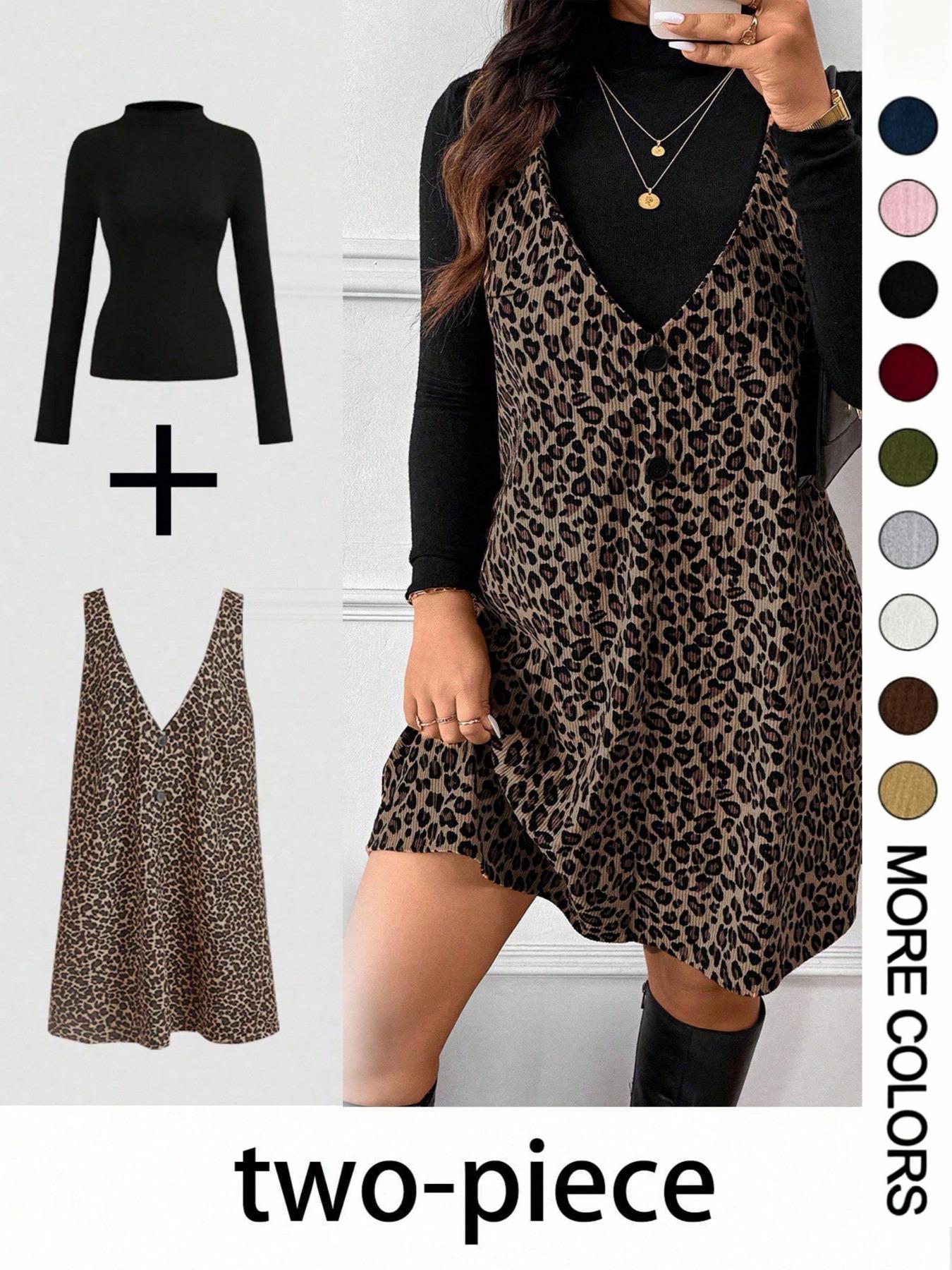 Women's Vintage Leopard Print Dress & Plain Top Two-Piece Set, Autumn Winter Outfit for Shopping & Dates
