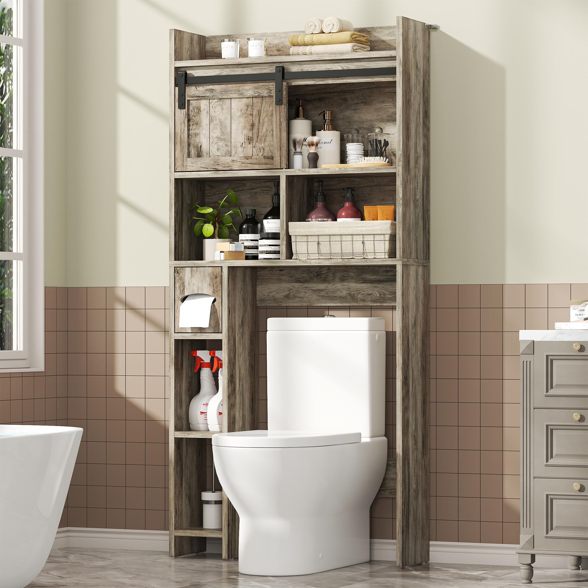 Over-The-Toilet Storage Cabinet with Sliding Door & Toilet Paper Holder Stand, Bathroom Organizer with Side Storage for Restroom