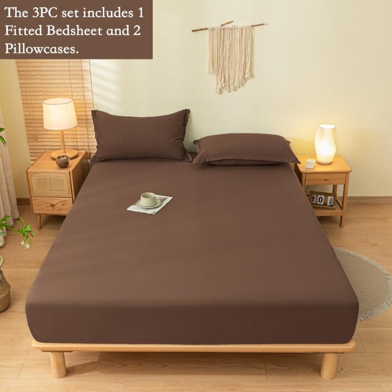 3pcs Solid Elastic Fitted Sheet Set, Full Coverage Non-Slip Mattress Protector, Deep Pocket Fits 5-30cm Mattress, Soft Breathable Durable Bedding, Wrinkle-Free and Fade-Resistant