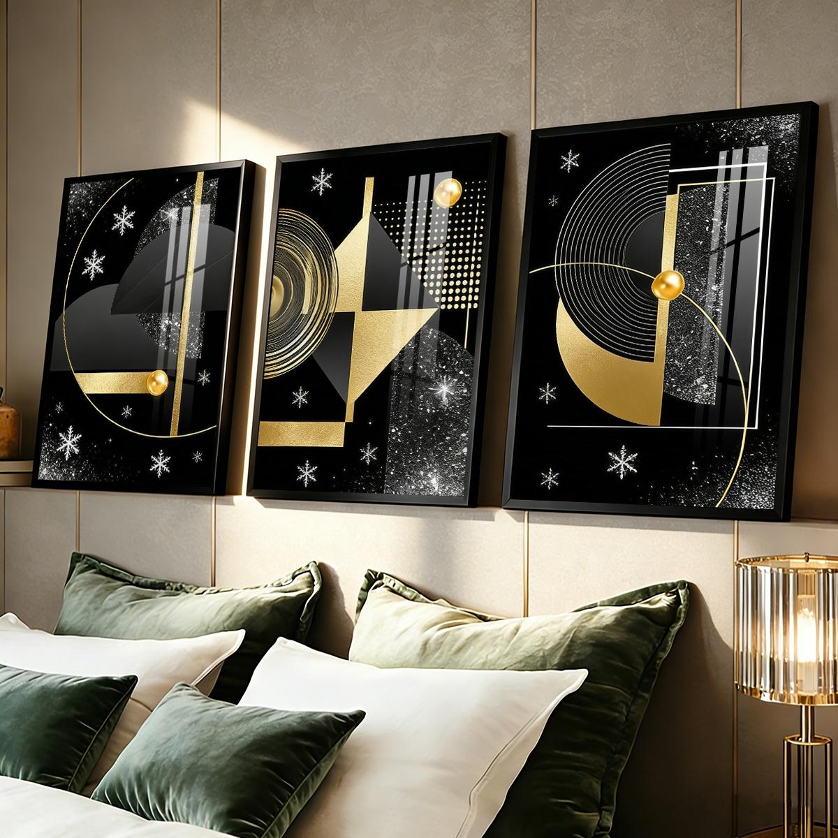 3 Counts Aluminum Alloy Framed Painting, Geometric Gold And Black Abstract Art Pictures, Home Decoration For Living Room, Bedroom, Office, Restaurant, Hallway Wall Decor, Odorless Print Artwork, Luxury Perfect Gift For Friends And Family