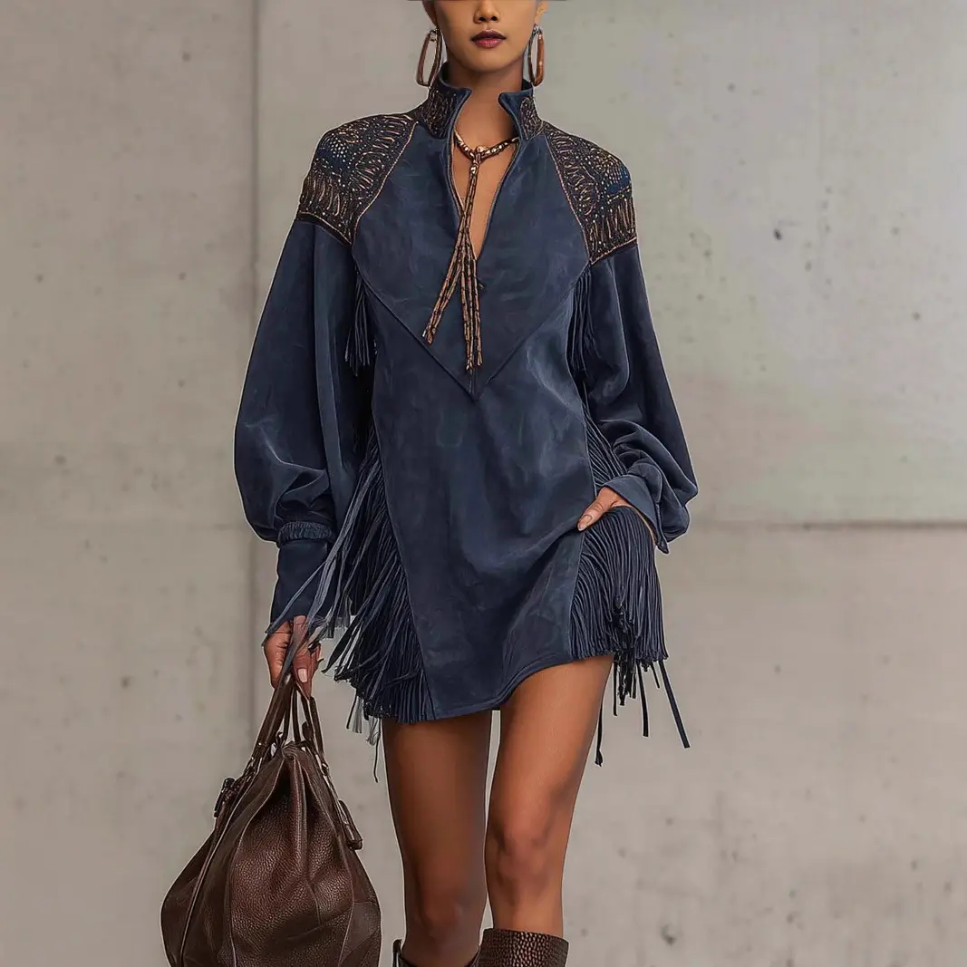 Women V‑Neck Fringe Embroidered Mini Dress Long Sleeve Bohemian Tassel Casual Party Short Dresses