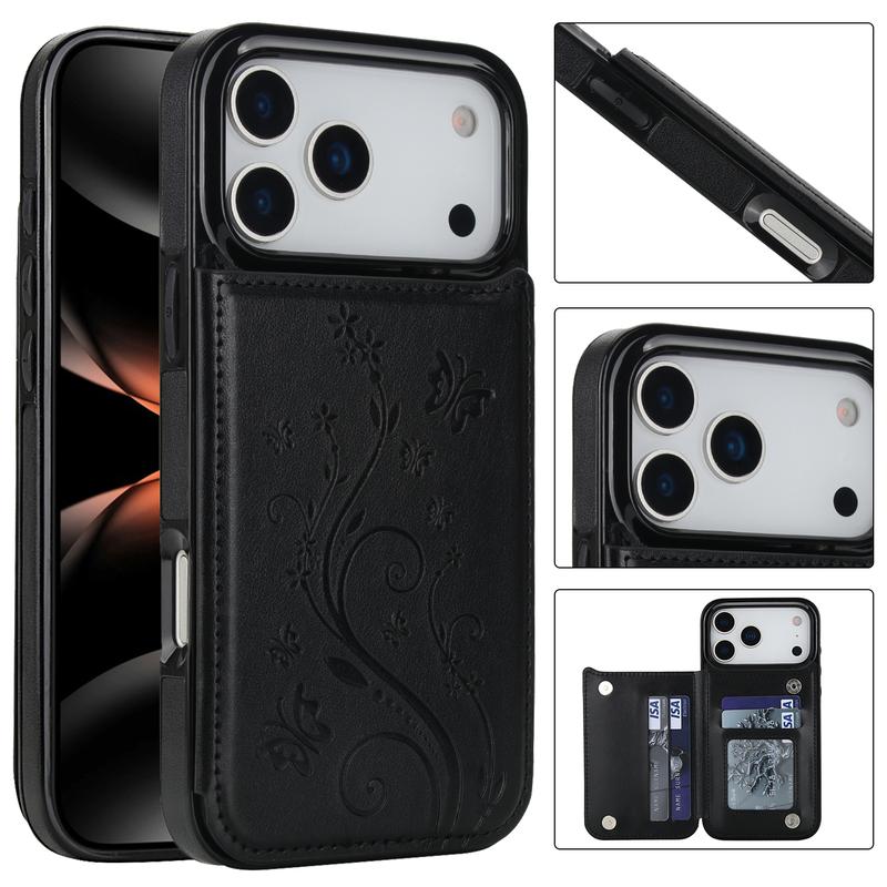 For iPhone 17 Pro Max 16 15 14 13 12 11 Magnetic Flip Leather Wallet Card Case with Card Holder Embossed Butterfly Premium PU Leather Kickstand Case