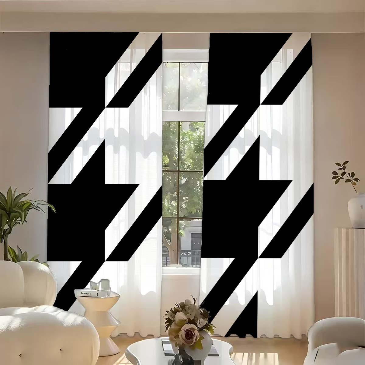 2pcs Creative Geometric Checkered Print Curtains, Light Blocking Drapes, Polyester Fiber, Kitchen Bedroom Office Living Room Decor