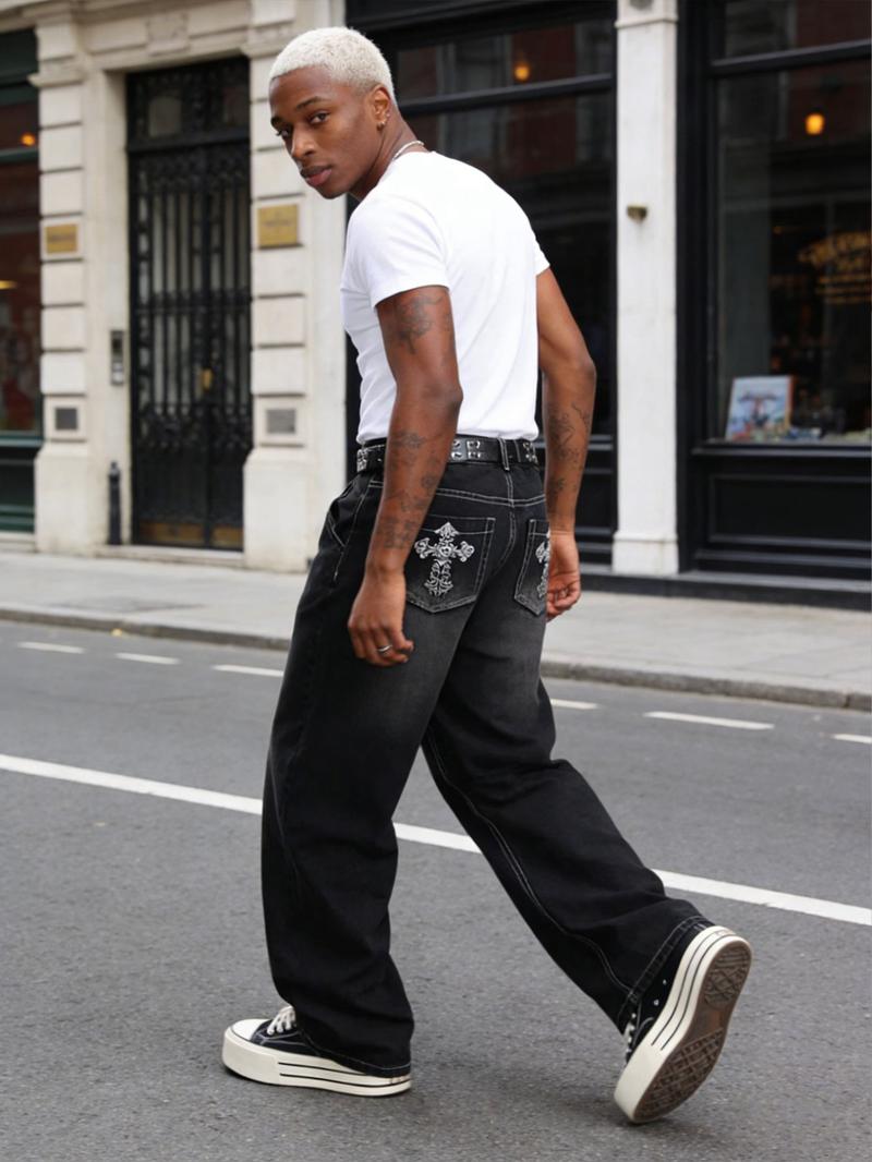 Pocket Embroidered Loose-Fitting Wide-Leg Jeans, Y2K Street Retro Trendy Denim Jeans, All Seasons Fashion for Unique Style