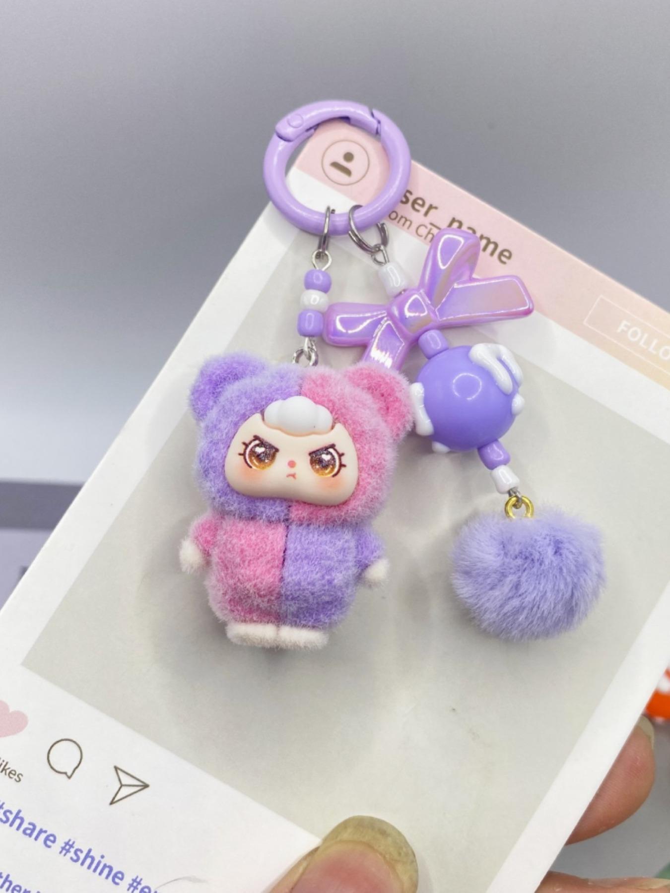 Kawaii Cute Dopamine Flocked 3-Year-Old Doll Keychain, Color Block Bow Moe Beads Bag Charm, Sweet Backpack Pendant Car Key Ornament Phone Strap, Ideal Birthday Christmas Valentine's Day Gift for Student Girls