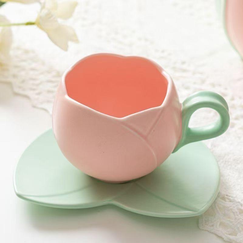 1 Count Ceramic Tulip Coffee Mug with Saucer Set, Shape Cup, Cute Mug Set, Latte Mugs for Tea Coffee Milk for Home Office Aesthetic 🌸Multi-use Cup and Saucer  Designer Coffee Mug ☕  🥐 🍰