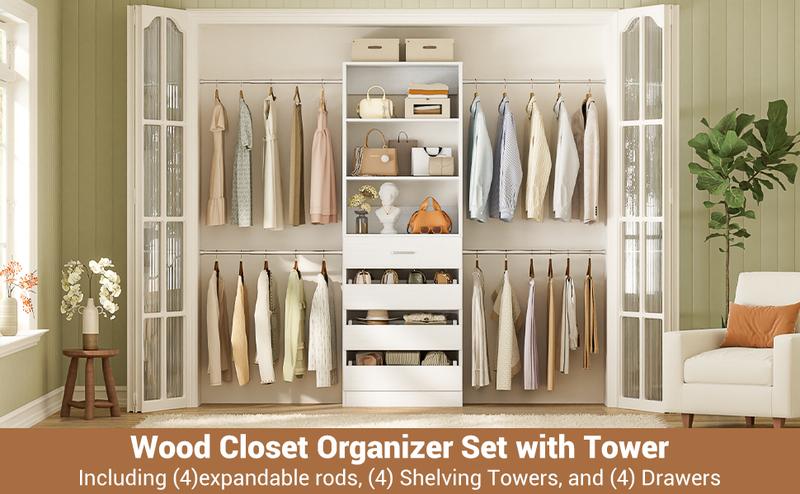 75''-115'' W Adjustable Closet System with 4 Wooden Drawers and 4 Hanging Rods, Modern Sturdy 4-9FT Walk-in Closet Organizer with Strorage Shelve