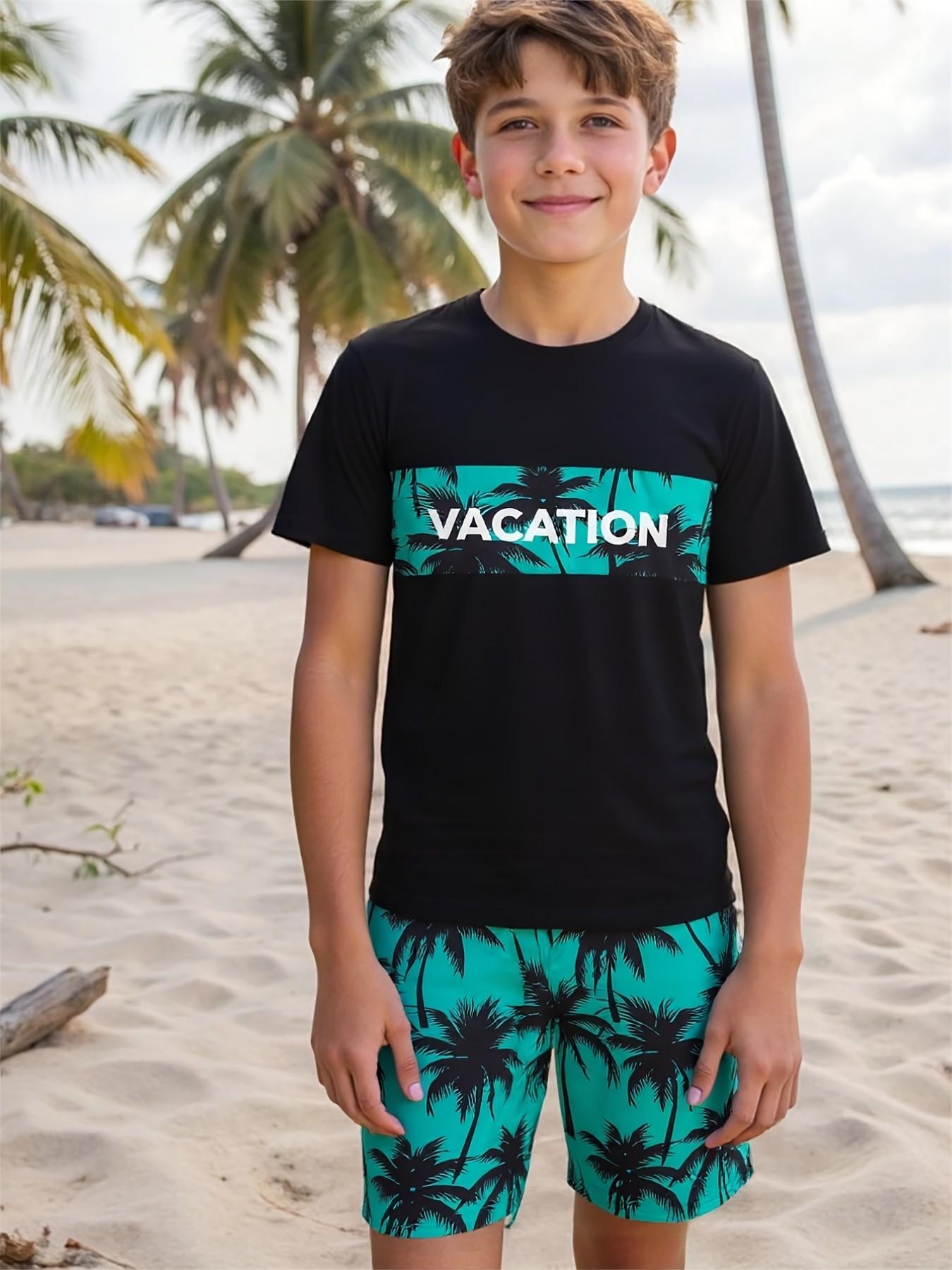 Boys 2-Piece Tropical Palm Tree Print Set, Clothing Sets, Outfit, Casual Fitted Short Sleeve T-Shirt and Track Shorts for Outdoor Play, Stylish Kids Clothing