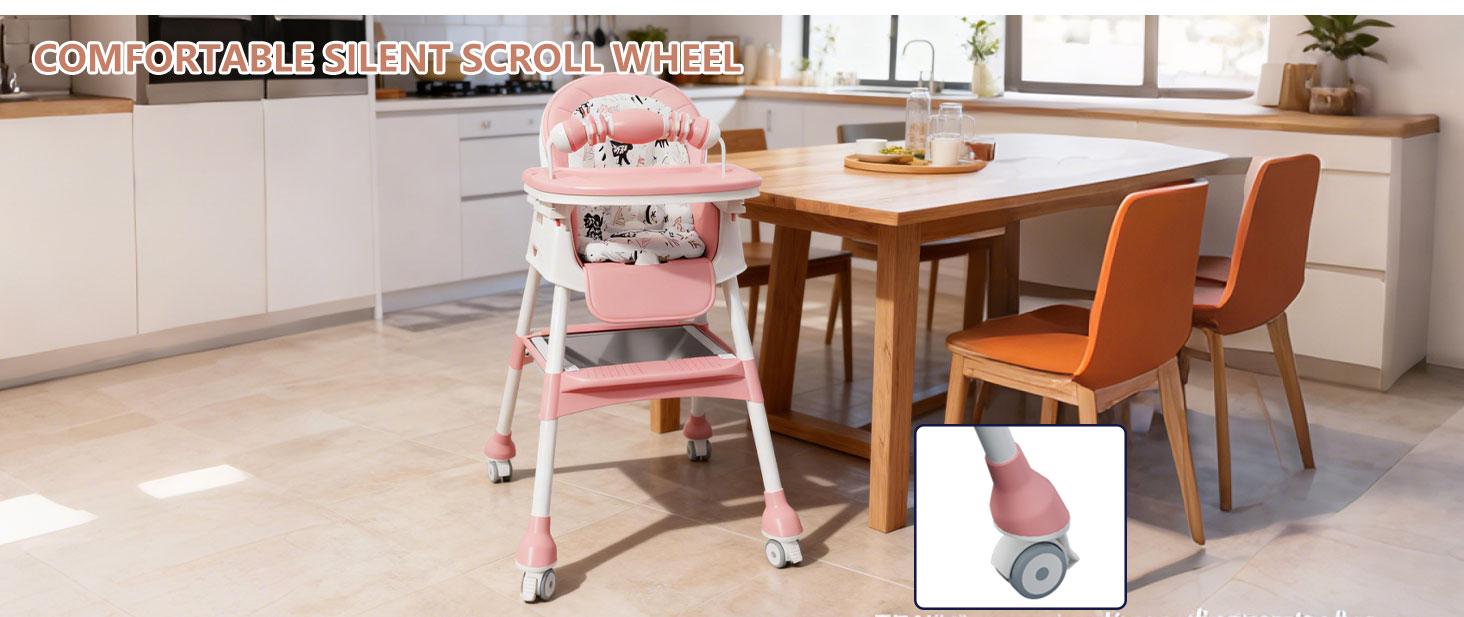 3-in-1 Adjustable Baby High Chair with Locking Wheels, Portable Highchair for Ages 6 Months to 3 Years, Multi-Functional Baby Seat, Rocking Chair, Booster Seat, Easy Folding