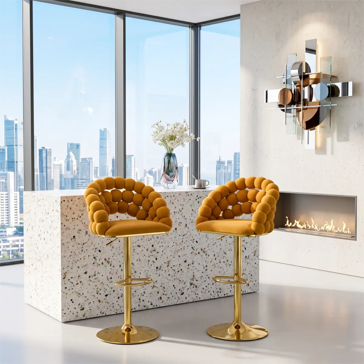 Adjustable Swivel Bar Stools, Luxury Velvet Bubble Woven Backrest Bar Chairs, Gold Metal Gas Lift Counter Height Barstools with Footrest, Modern Bar Stool for Home Bar, Kitchen Island, Pub