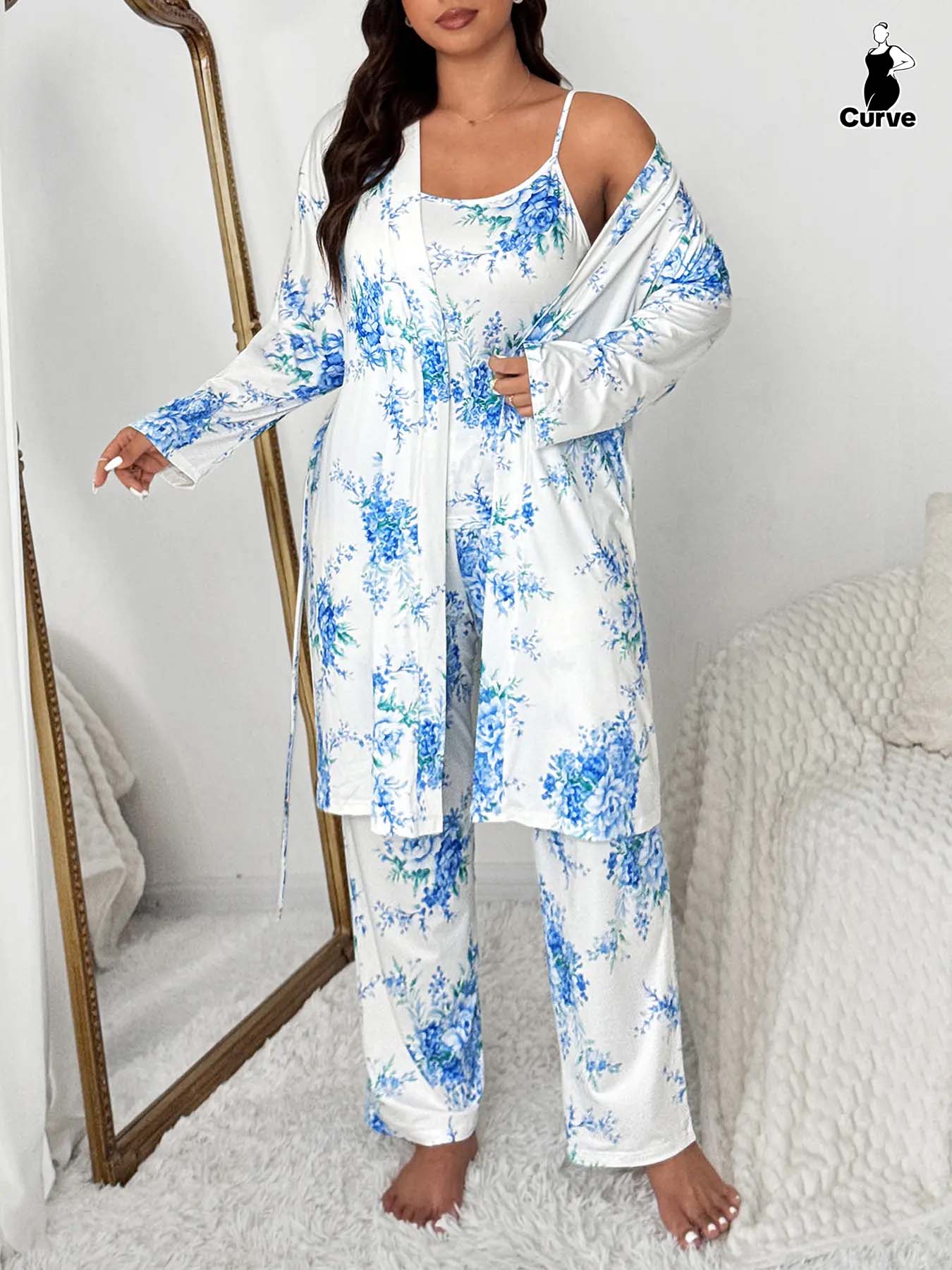 Plus Size Floral Print Robe Set for Women, Elegant Comfortable Sleepwear, Sleeveless Top & Long Pants, Spring & Fall Home Wear, Pajama Set