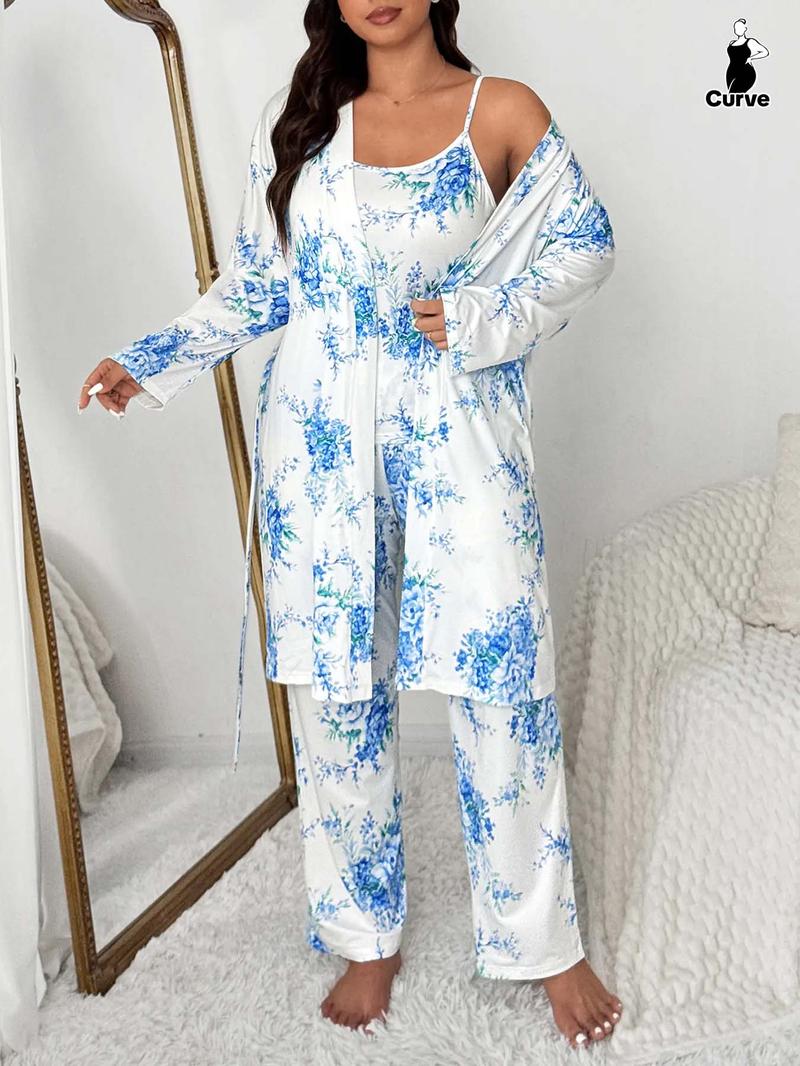 Plus Size Floral Print Robe Set for Women, Elegant Comfortable Sleepwear, Sleeveless Top & Long Pants, Spring & Fall Home Wear, Pajama Set