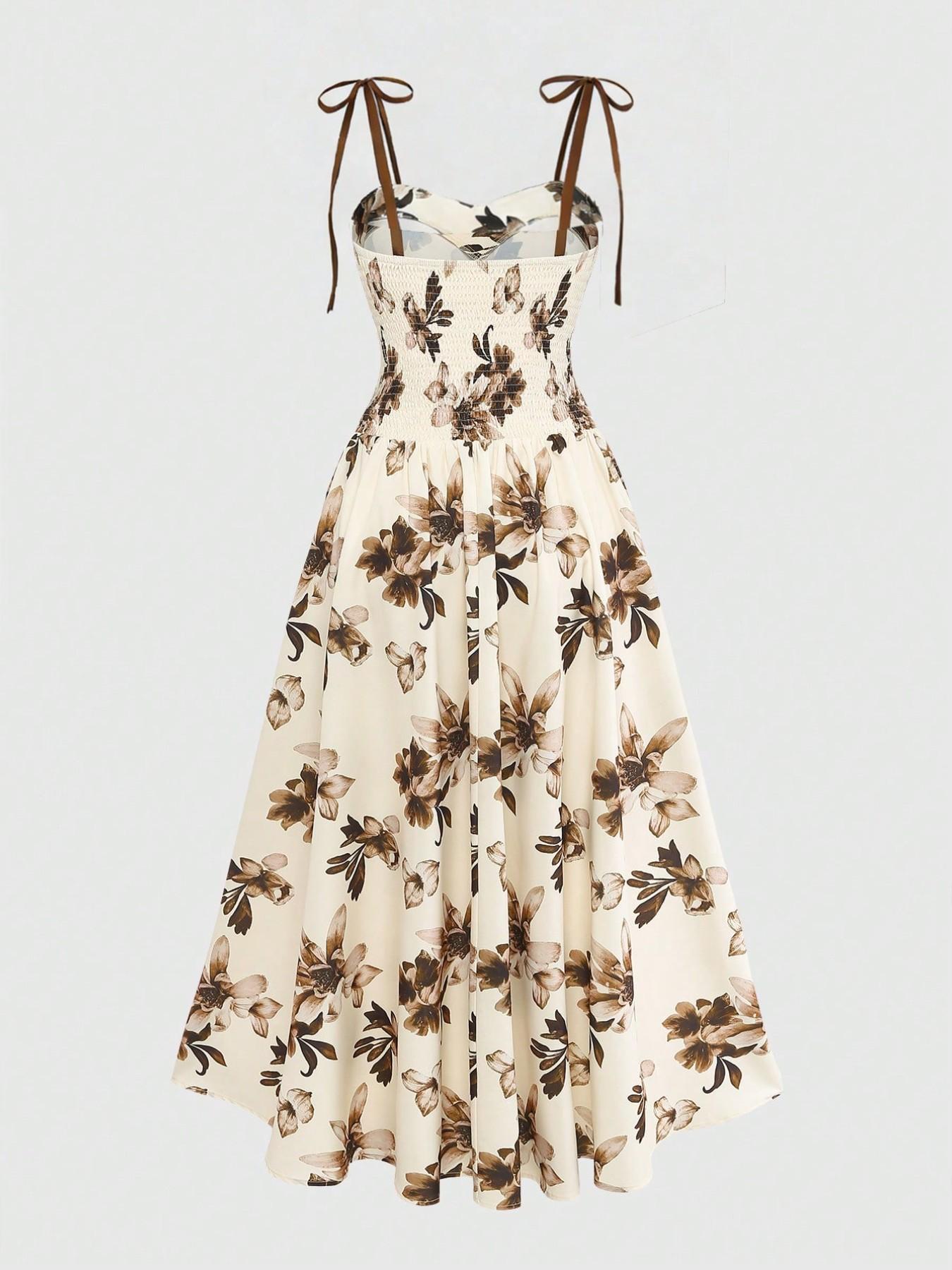 Women's Apricot Brown Floral Print Vintage Spaghetti Strap A-Line Dress, Evening Party Formal Dress, Summer Elegant Flowy French Bohemian Dress for Beach Music Festival Holiday