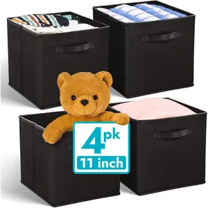 Reli.11 Inch Cube Storage Bins (4 Pack)| Cube Organizer Bins| 11x11 Fabric Storage Boxes| Collapsible, Foldable Fabric Cubby Box (Square)| Kids Room Organization (Black)