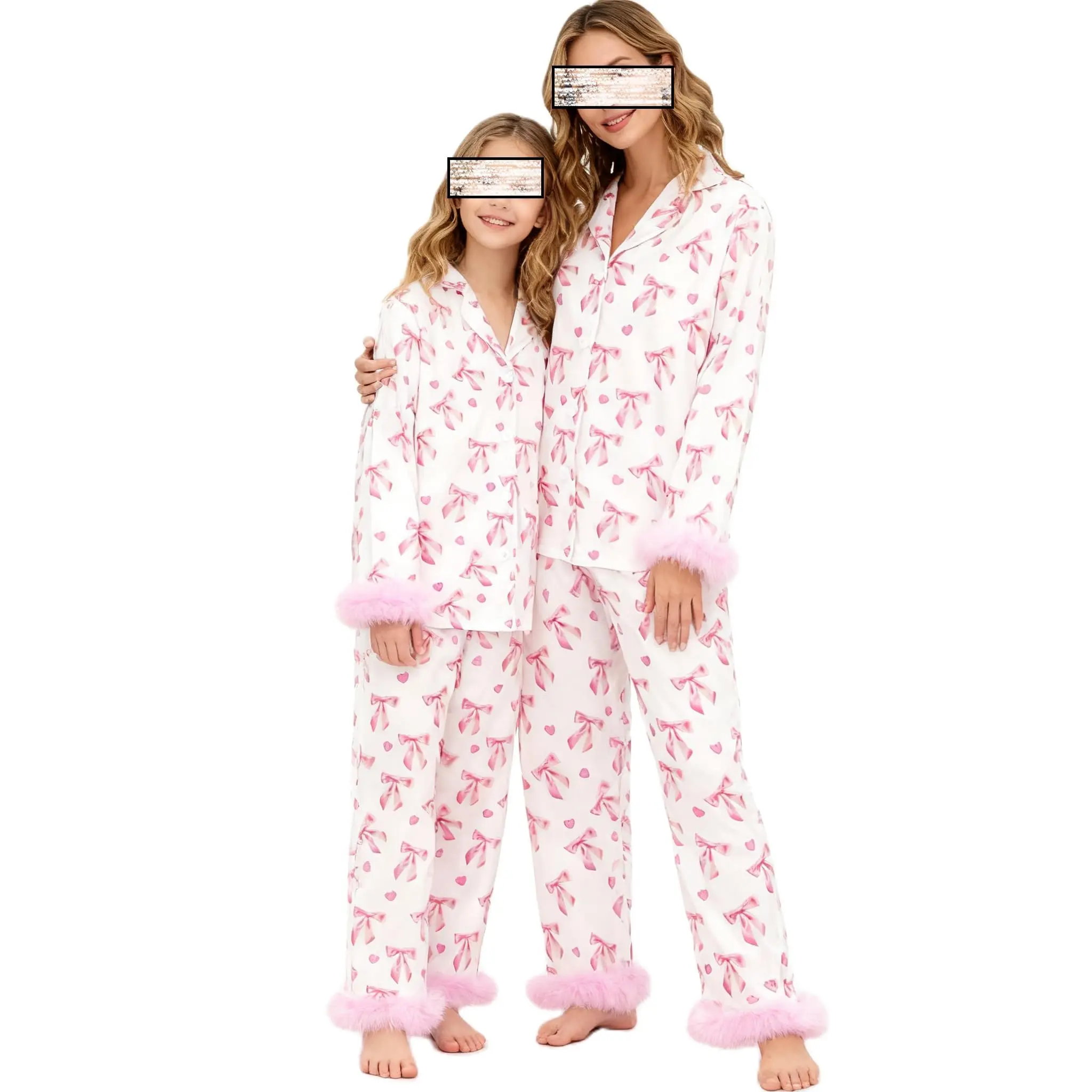 Babamoon Mommy and Me Christmas Valentines Pajamas Set 2 Piece Satin Silk Feather Trim Heart Pjs for Mom Daughter Women Girl