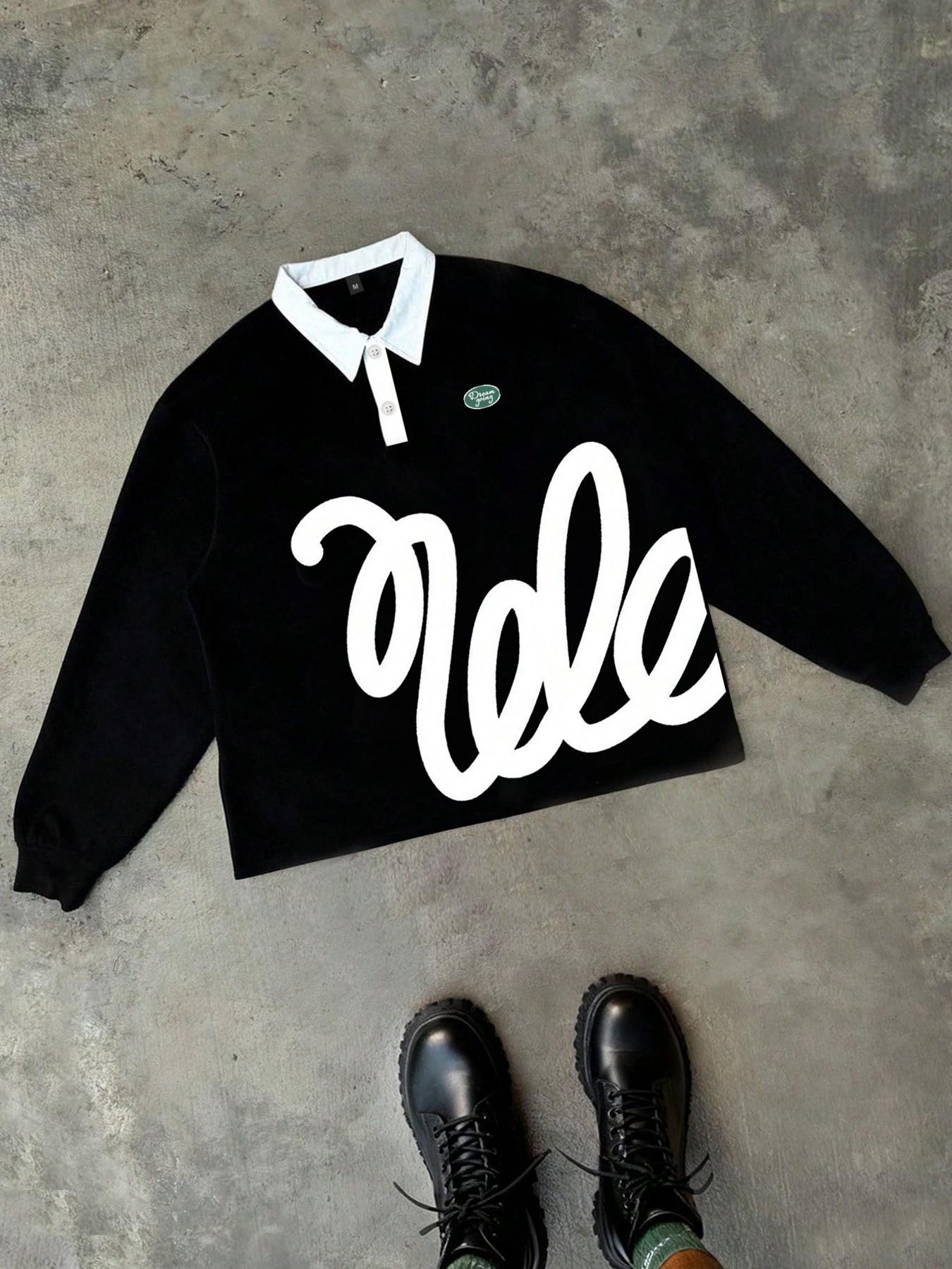 Black minimalist classic polo collar long sleeved T-shirt for men, Y2K geometric aesthetic trendy brand fashionable long sleeved shirt for men and women, European and American street style casual shirt T-shirt long sleeved polo golf