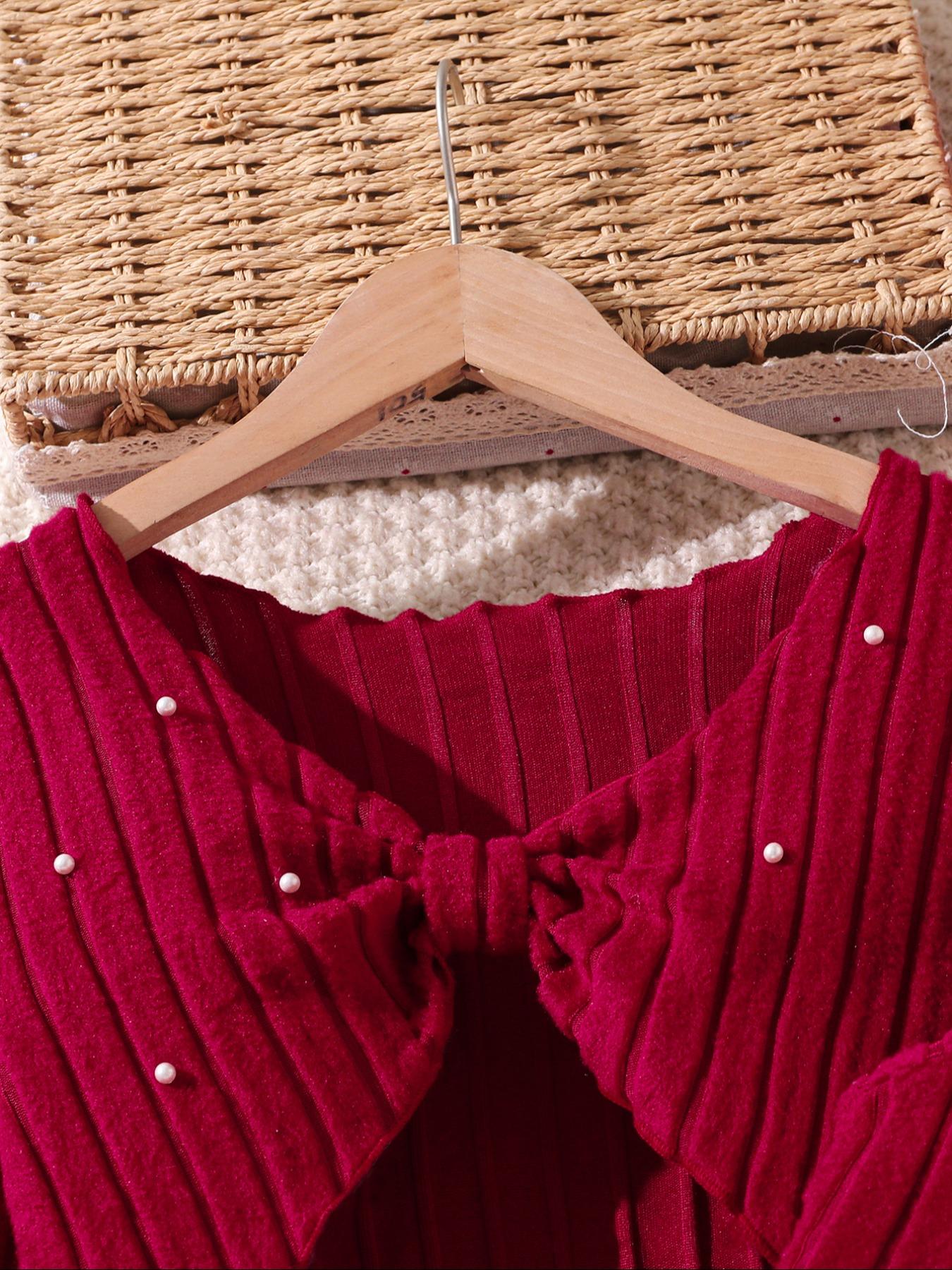 Christmas Girl Pearl Embellished Knit Bow Design Long Sleeve Short Top with Slim Fit Dress Fashion Comfort Set