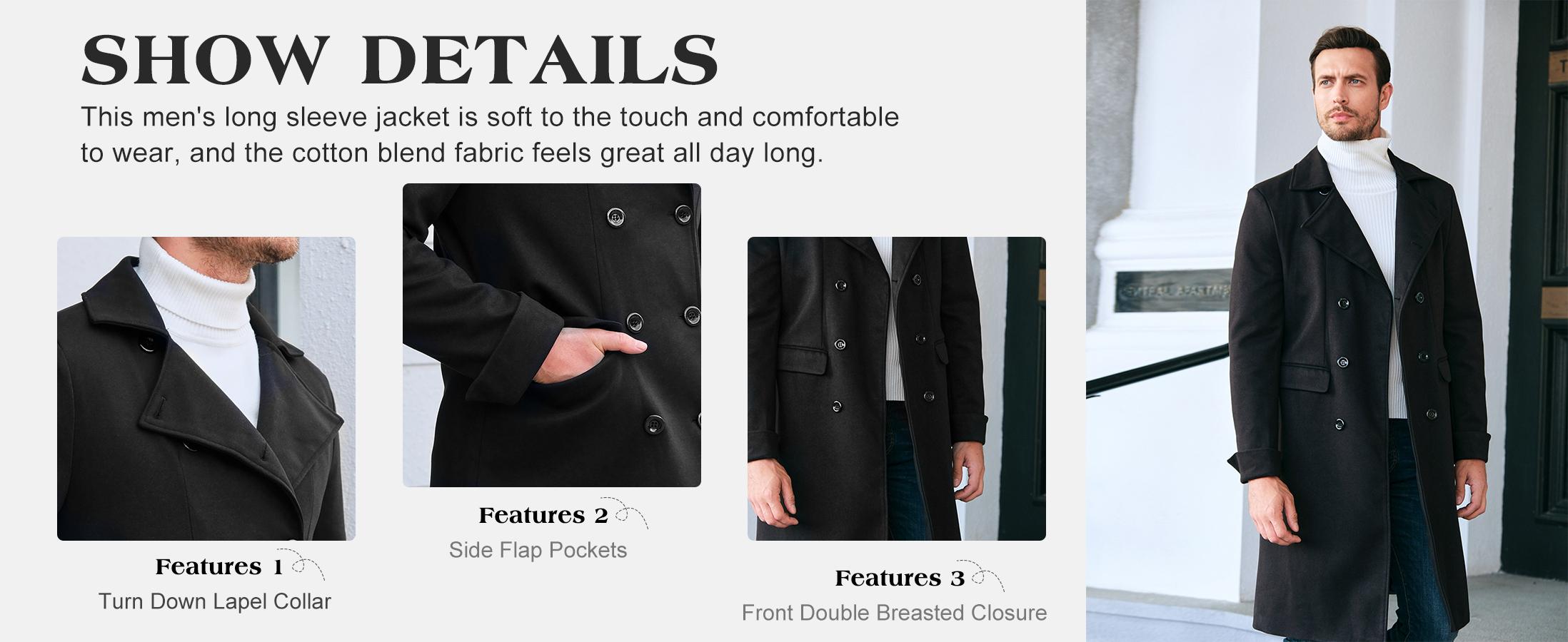 Runcati Men's Notch Lapel Double Breasted Long Trench Coat Casual Cotton Blend Peacoat