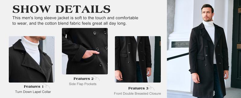 Runcati Men's Notch Lapel Double Breasted Long Trench Coat Casual Cotton Blend Peacoat