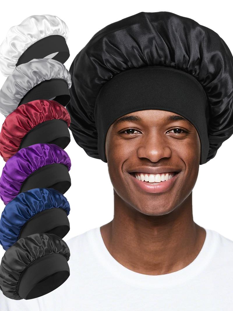 6 Pieces Pack,  Men's Bonnet Set, Pure Color Satin Sleep Cap, Unisex Casual Comfortable Home Use, Soft Silk-Like Material