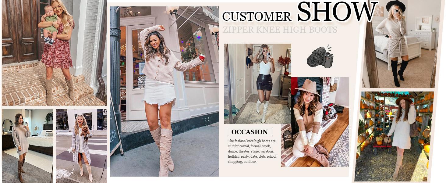 Coutgo Womens Pointed Toe Mid Chunky Heel Side Zipper Knee High Boots Tall Booties