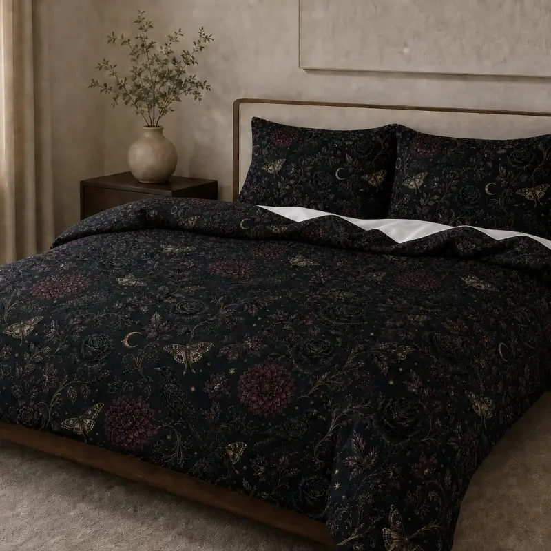 3-Piece Digital Print Bedding Set, Soft Breathable Dark Series Butterfly Rose, All Seasons, Zip Closure, Includes 1 Duvet Cover and 2 Pillowcases