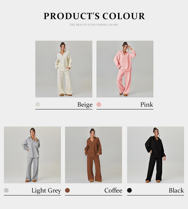 KatchMe Women's Slouchy Solid Color V-Neck Loose Textured Pullover & Drawstring Waist Trousers Co-ord, Minimalist Two Piece Outfits, Soft Womenswear