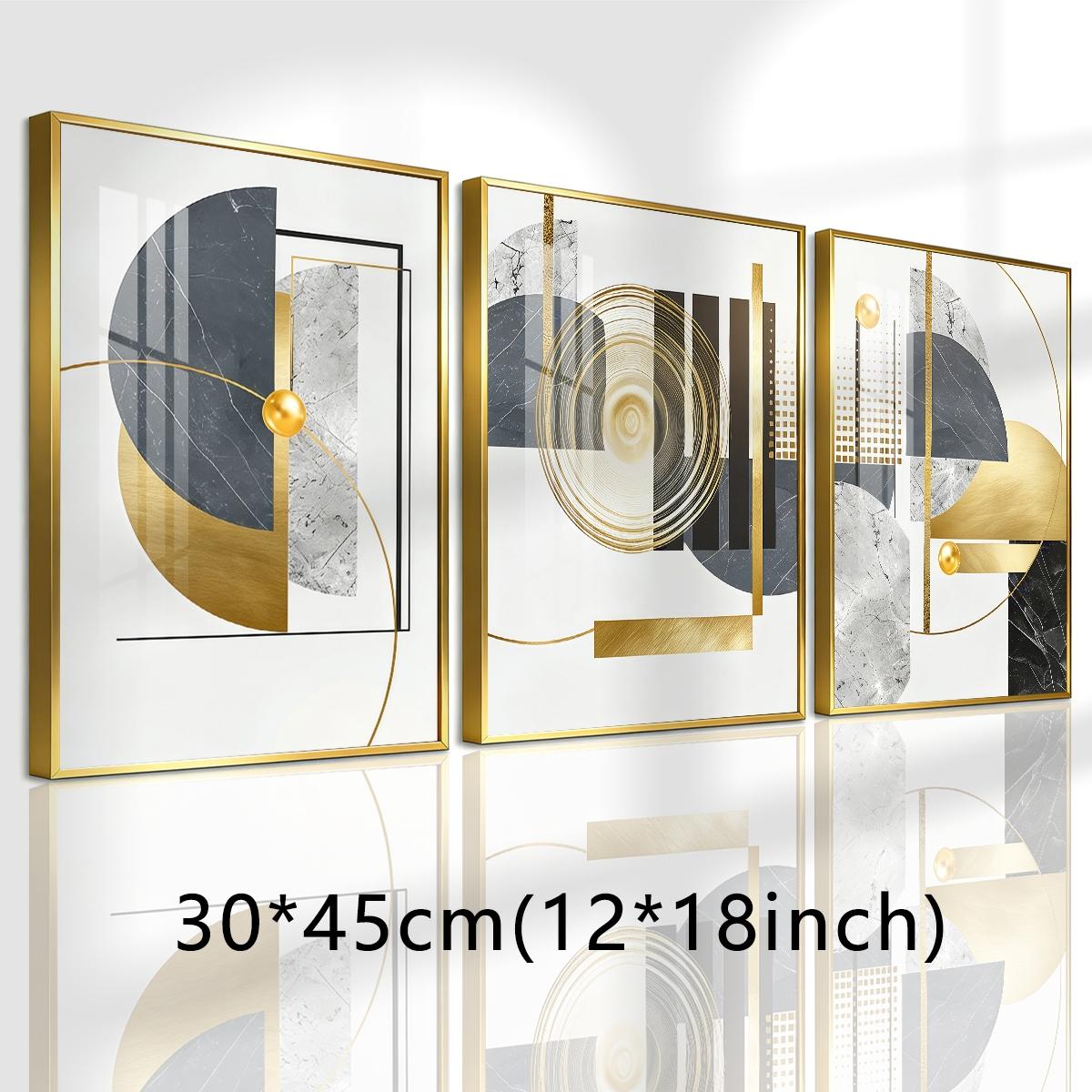 3 Counts Aluminum Alloy Framed Painting, Geometric Gold And Grey Abstract Art, Home Decoration For Living Room, Bedroom, Office, Restaurant, Hallway Wall Decor, Odorless Print Artwork, Luxury Perfect Gift For Friends And Family