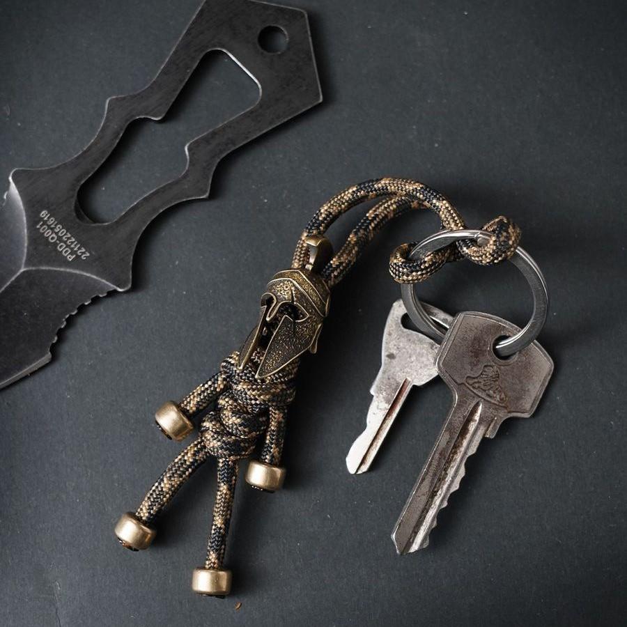 Spartan Warrior Paracord Keychain 2 Pack, Vintage Brass Helmet, Tactical Edc Car Key Holder, Outdoor Camping Gift for Men