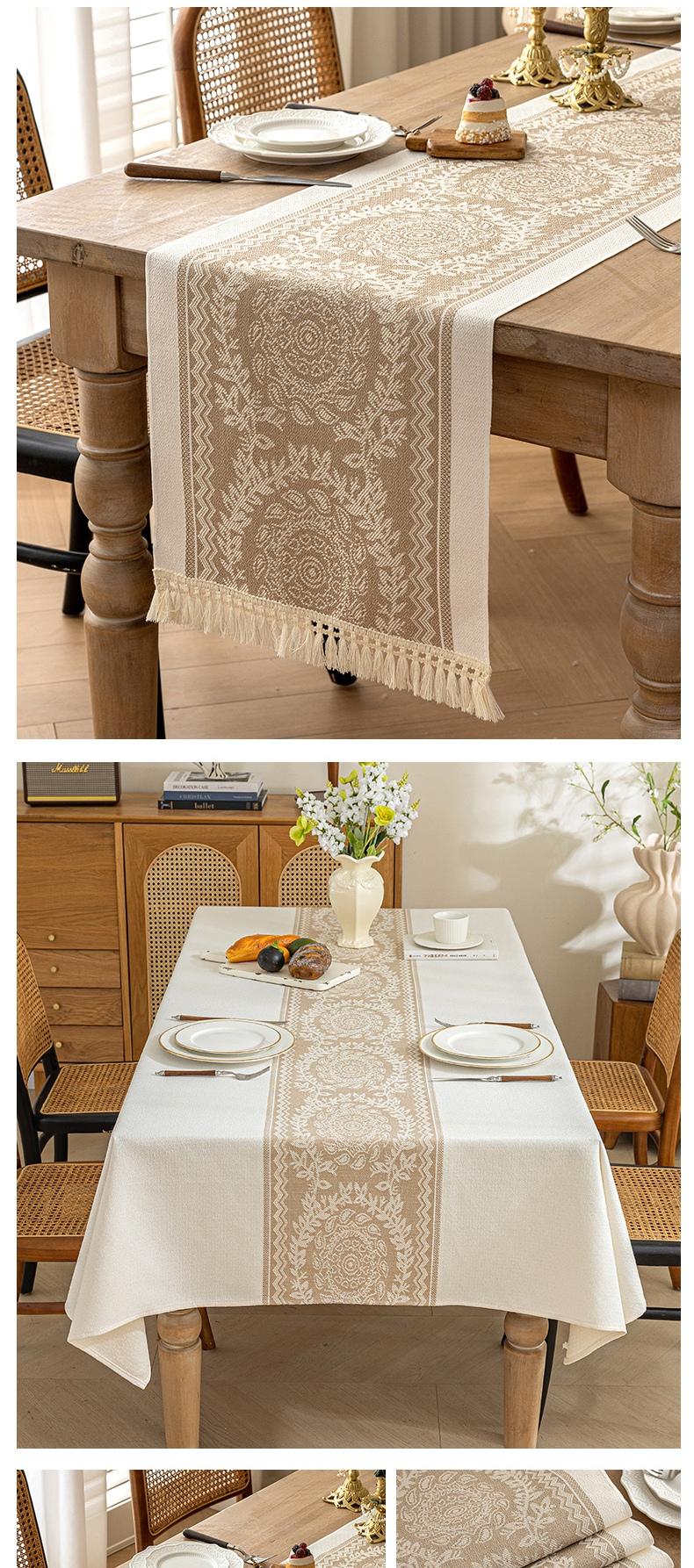 Nordic Style Waterproof Cotton Linen Table Runner, Jacquard Pattern with Tassel Trim, Dining Table Decor