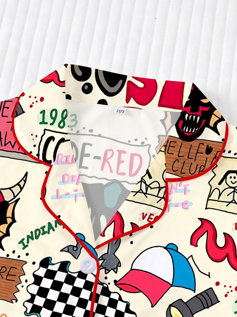 Stranger Things Kids Pajama Set, Cartoon Print Short Sleeves & Loose Fit Shorts, Casual Home Wear for Boys Girls