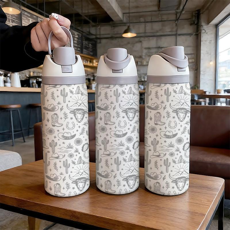 32oz Dual-Use Sports Water Bottle, Western Cowboy Pattern, Stainless Steel Large Capacity Double Wall Insulated Tumbler, Perfect Gift for Women, Drinkware Stylish Flasks, Leakproof Insulated Tumbler