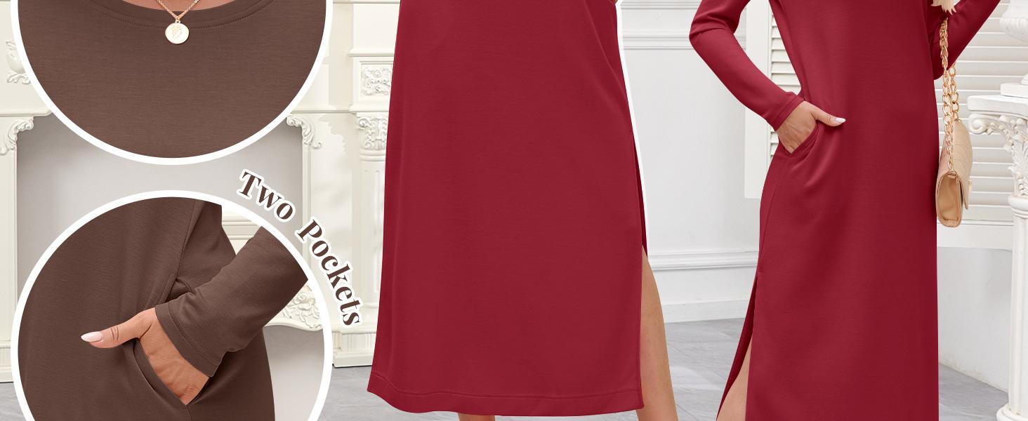 ANRABESS Women Long Sleeve Dresses 2025 Fall Casual Crewneck Loose Fit Split Flowy Wrinkle-Free Travel Vacation Maxi Dress